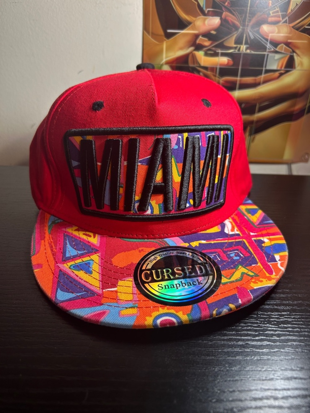 Red Miami Snapback Hat with Multicolor Brim:NWOTS BY CURSEDI